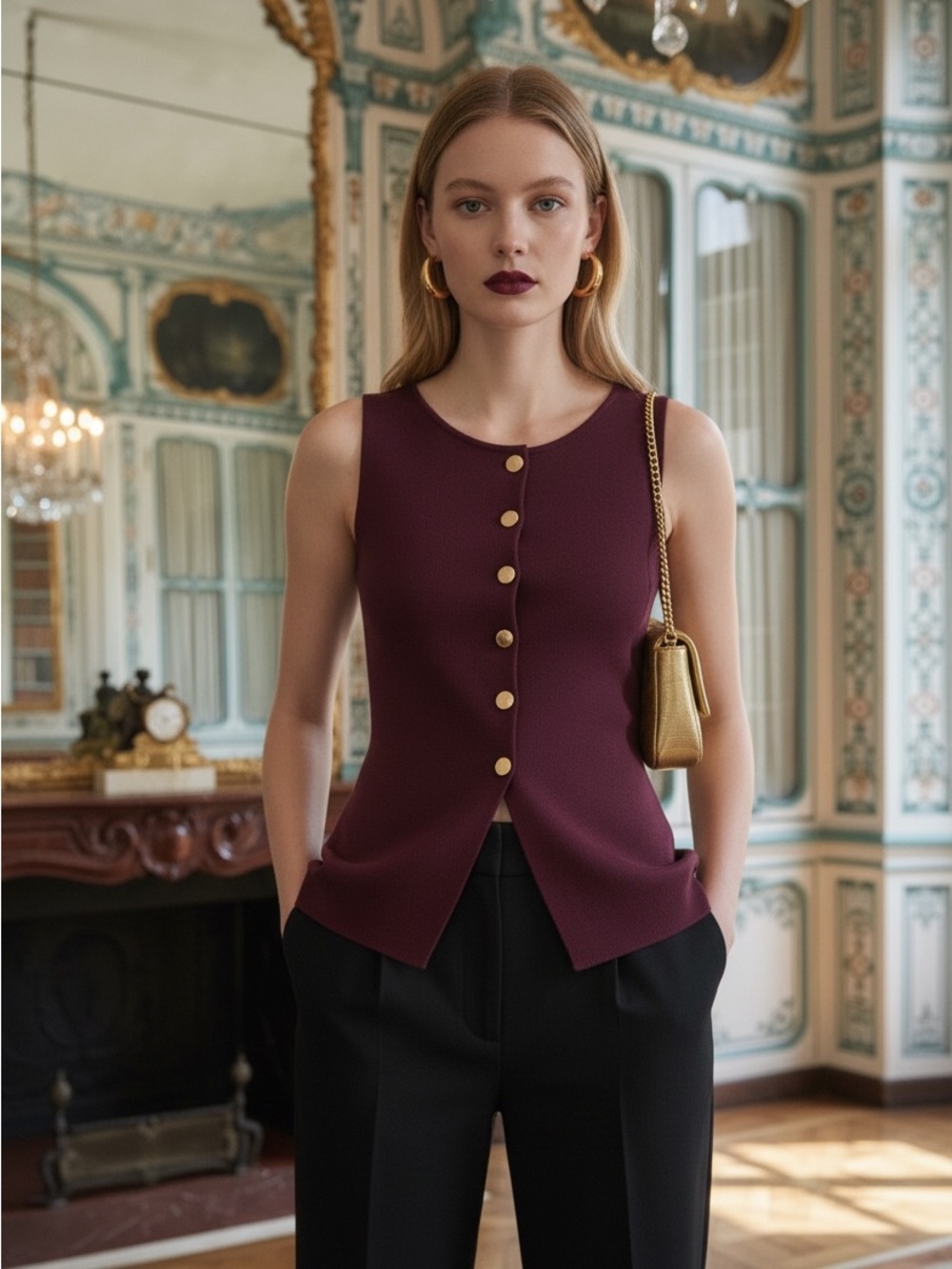 ZARA Blogger Fave Knit Vest Waistcoat in Burgundy Plum Gold Buttons Small